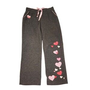 Nick & Nora Lounge Pajama Pants Gray Fleece Pink Hearts Pockets Womens Size S